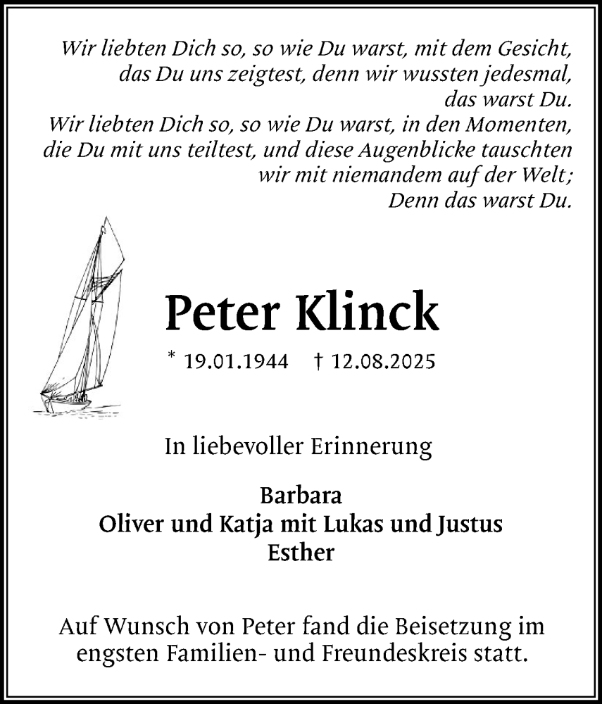  Traueranzeige für Peter Klinck vom 06.09.2025 aus Region Pinneberg und tip Pinneberg