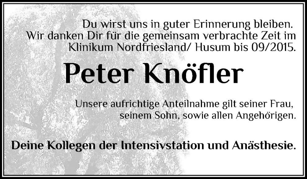  Traueranzeige für Peter Knöfler vom 04.09.2025 aus Husumer Nachrichten, Nordfriesland Tageblatt