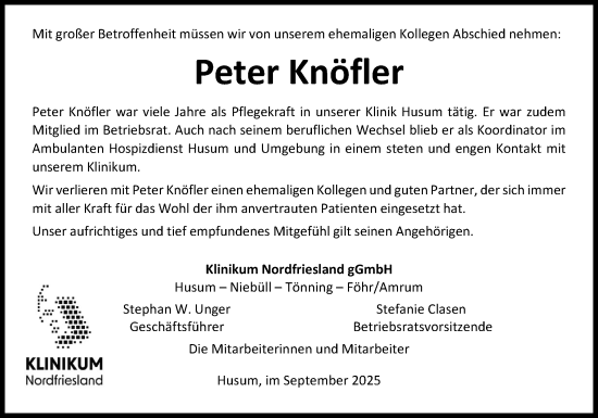 Traueranzeige von Peter Knöfler von Husumer Nachrichten, Nordfriesland Tageblatt
