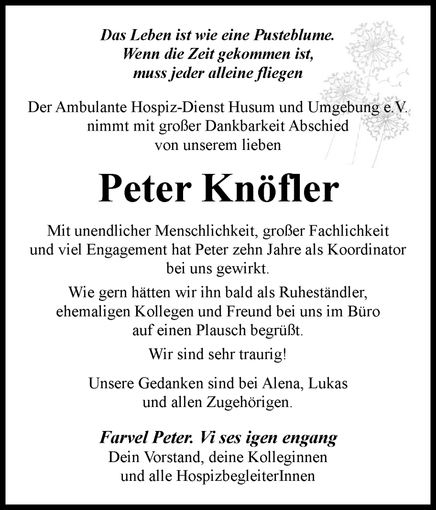  Traueranzeige für Peter Knöfler vom 09.09.2025 aus Husumer Nachrichten, Nordfriesland Tageblatt