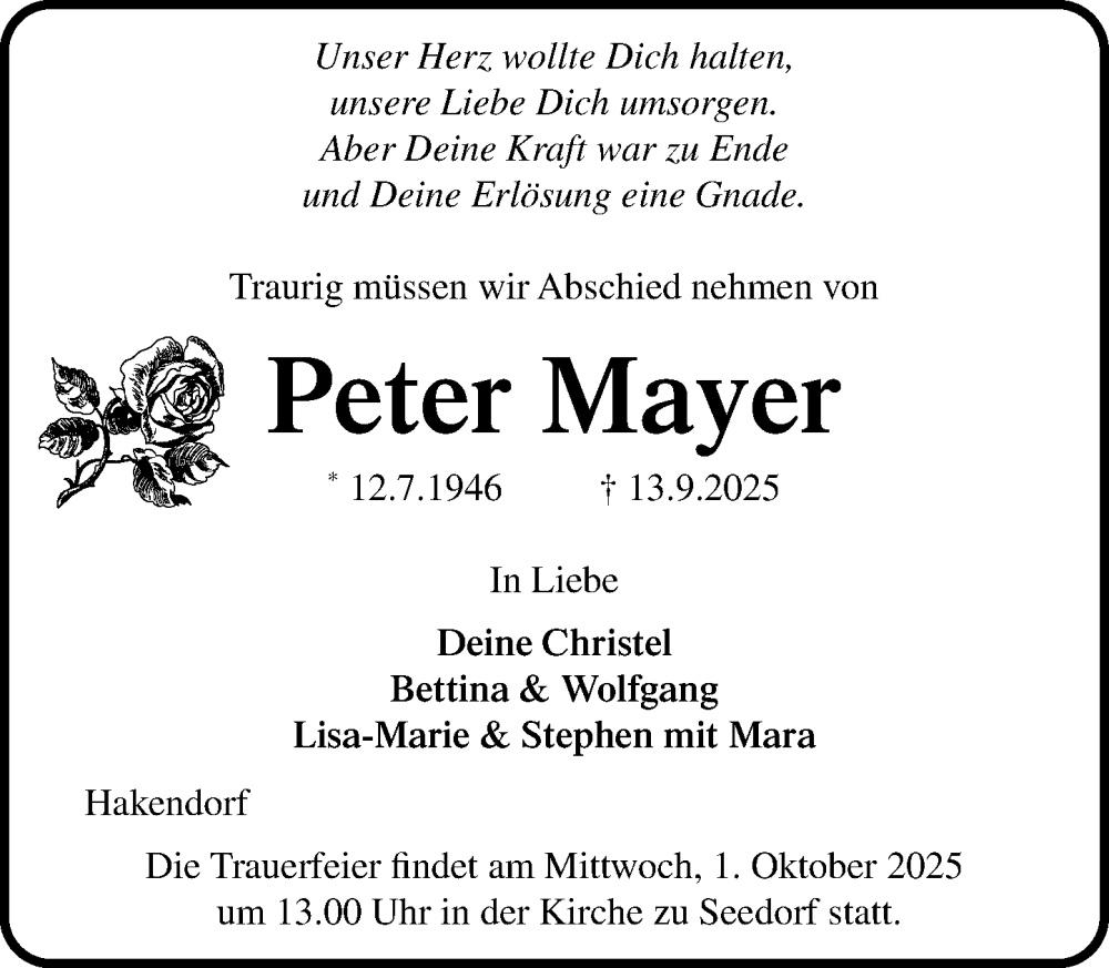  Traueranzeige für Peter Mayer vom 20.09.2025 aus MARKT Ratzeburg/Mölln