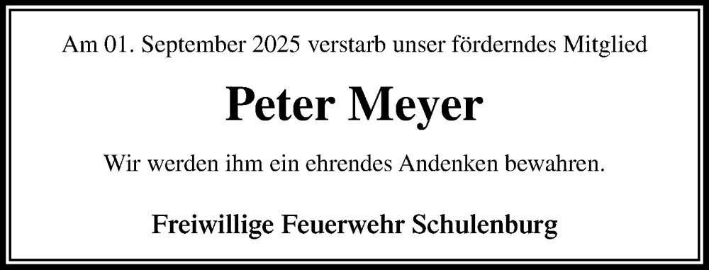  Traueranzeige für Peter Meyer vom 13.09.2025 aus MARKT Bad Oldesloe/Reinfeld und Stormarner Tageblatt