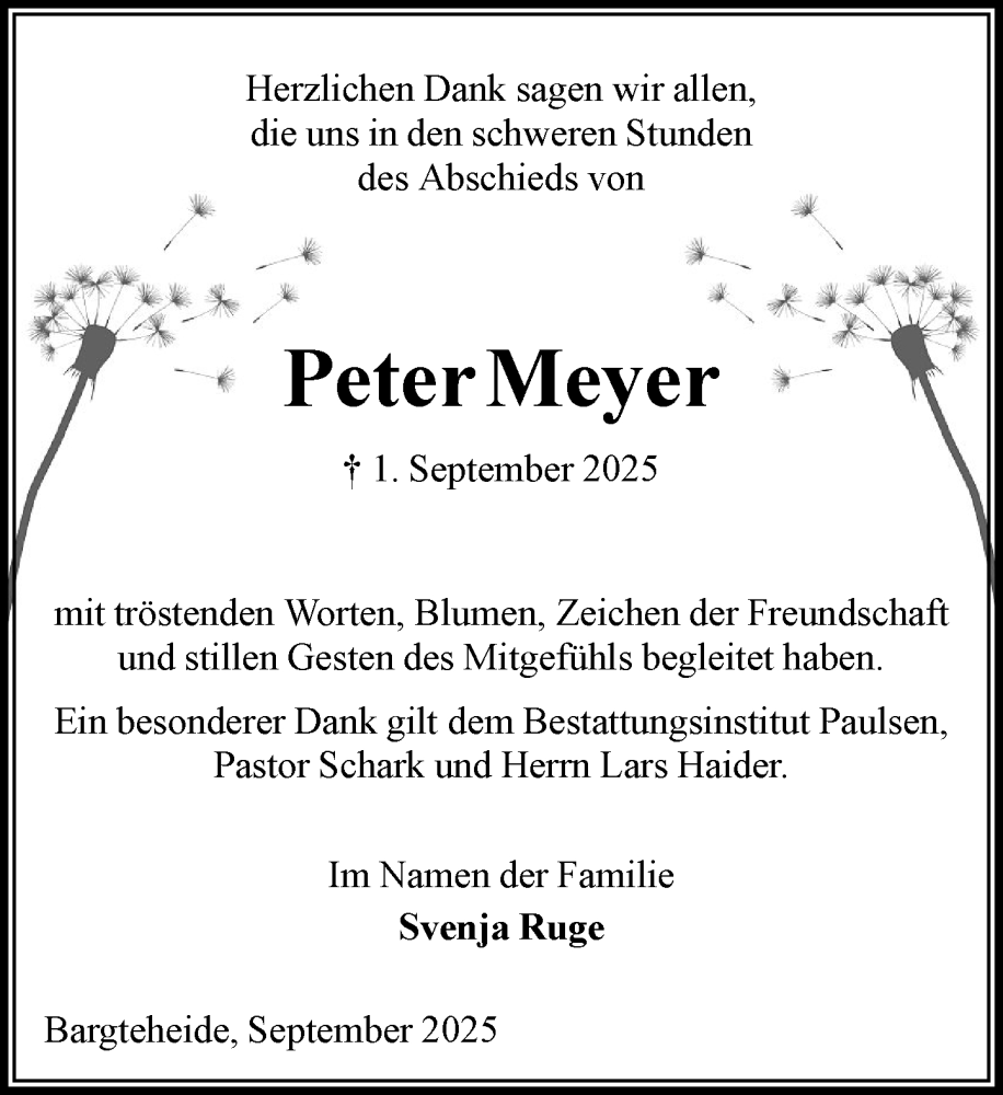  Traueranzeige für Peter Meyer vom 20.09.2025 aus MARKT Bad Oldesloe/Reinfeld, MARKT Ahrensburg/Bargteheide/Trittau und Stormarner Tageblatt