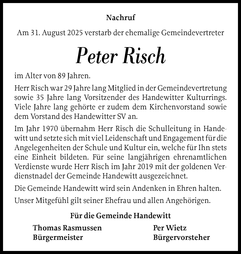  Traueranzeige für Peter Risch vom 06.09.2025 aus Flensburger Tageblatt