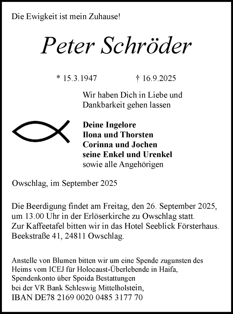  Traueranzeige für Peter Schröder vom 22.09.2025 aus Schleswig-Holsteinische Landeszeitung