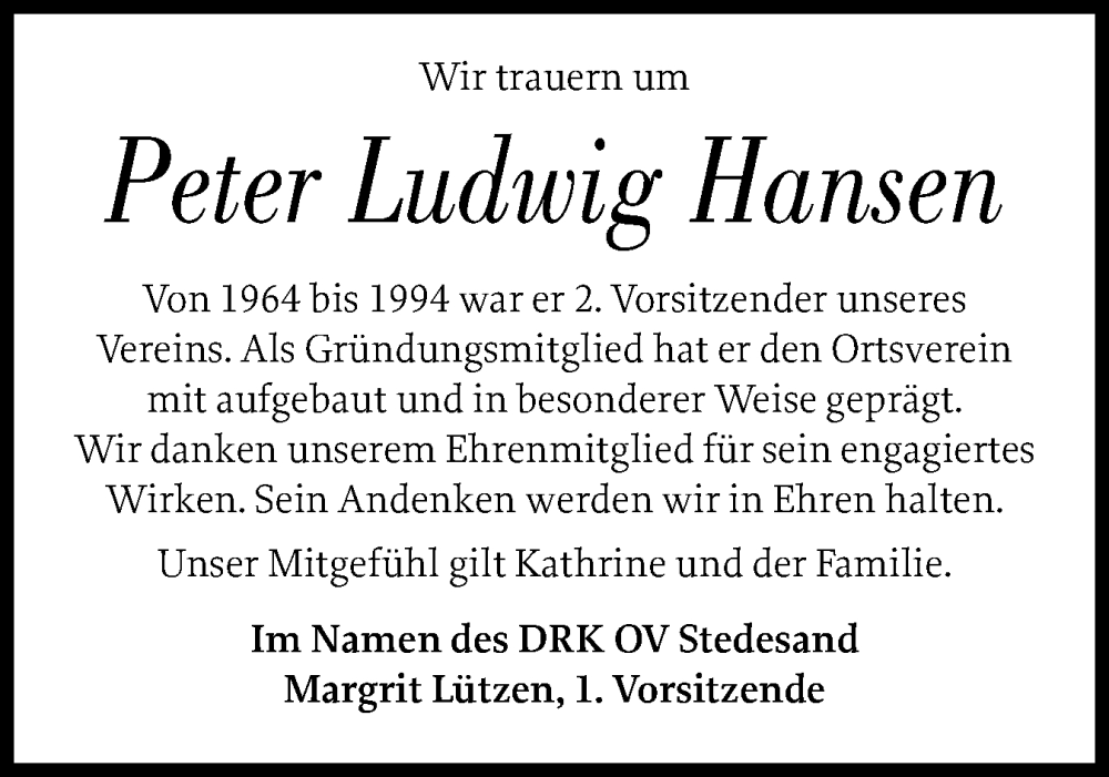  Traueranzeige für Peter Ludwig Hansen vom 16.09.2025 aus Husumer Nachrichten, Nordfriesland Tageblatt