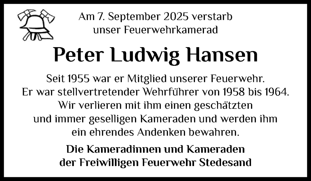  Traueranzeige für Peter Ludwig Hansen vom 16.09.2025 aus Husumer Nachrichten, Nordfriesland Tageblatt