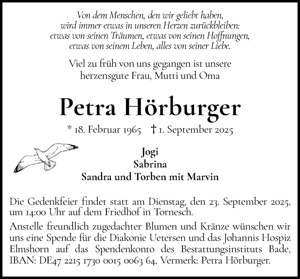  Traueranzeige für Petra Hörburger vom 13.09.2025 aus Region Pinneberg und tip Pinneberg