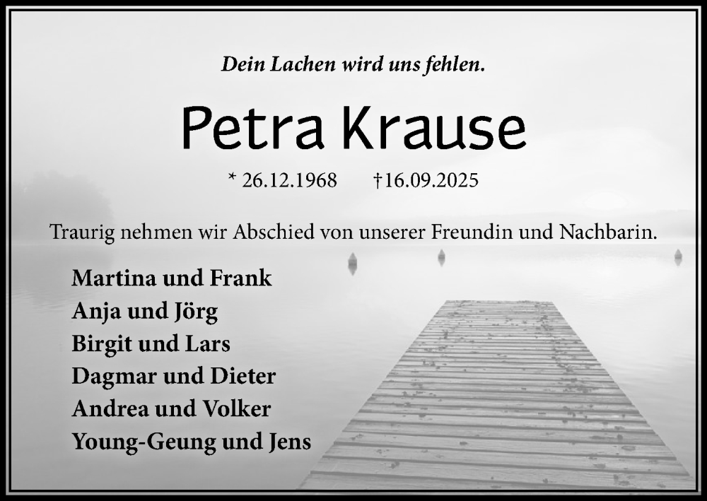  Traueranzeige für Petra Krause vom 27.09.2025 aus Wochenend Anzeiger