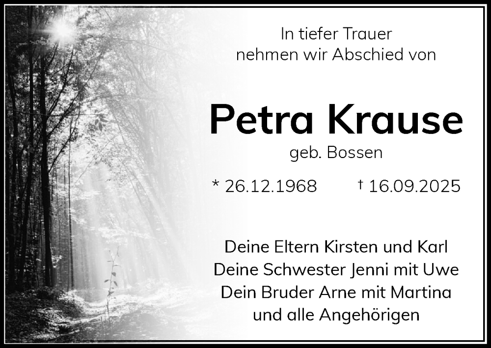  Traueranzeige für Petra Krause vom 27.09.2025 aus Wochenend Anzeiger