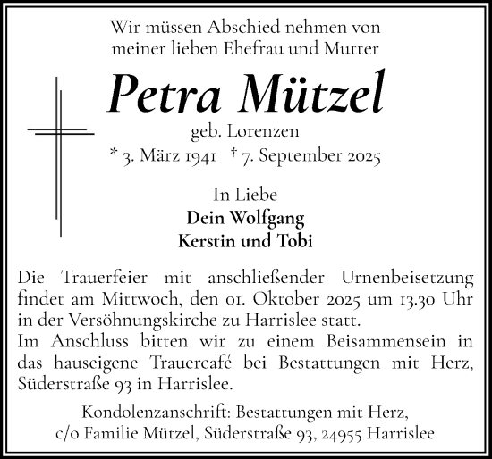 Traueranzeige von Petra Mützel von Flensburger Tageblatt