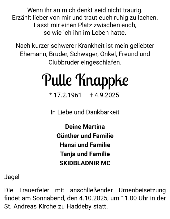 Traueranzeige von Pulle Knappke von Schleswiger Nachrichten, Schlei-Bote