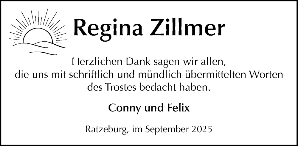  Traueranzeige für Regina Zillmer vom 20.09.2025 aus MARKT Ratzeburg/Mölln