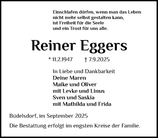 Traueranzeige von Reiner Eggers von Schleswig-Holsteinische Landeszeitung