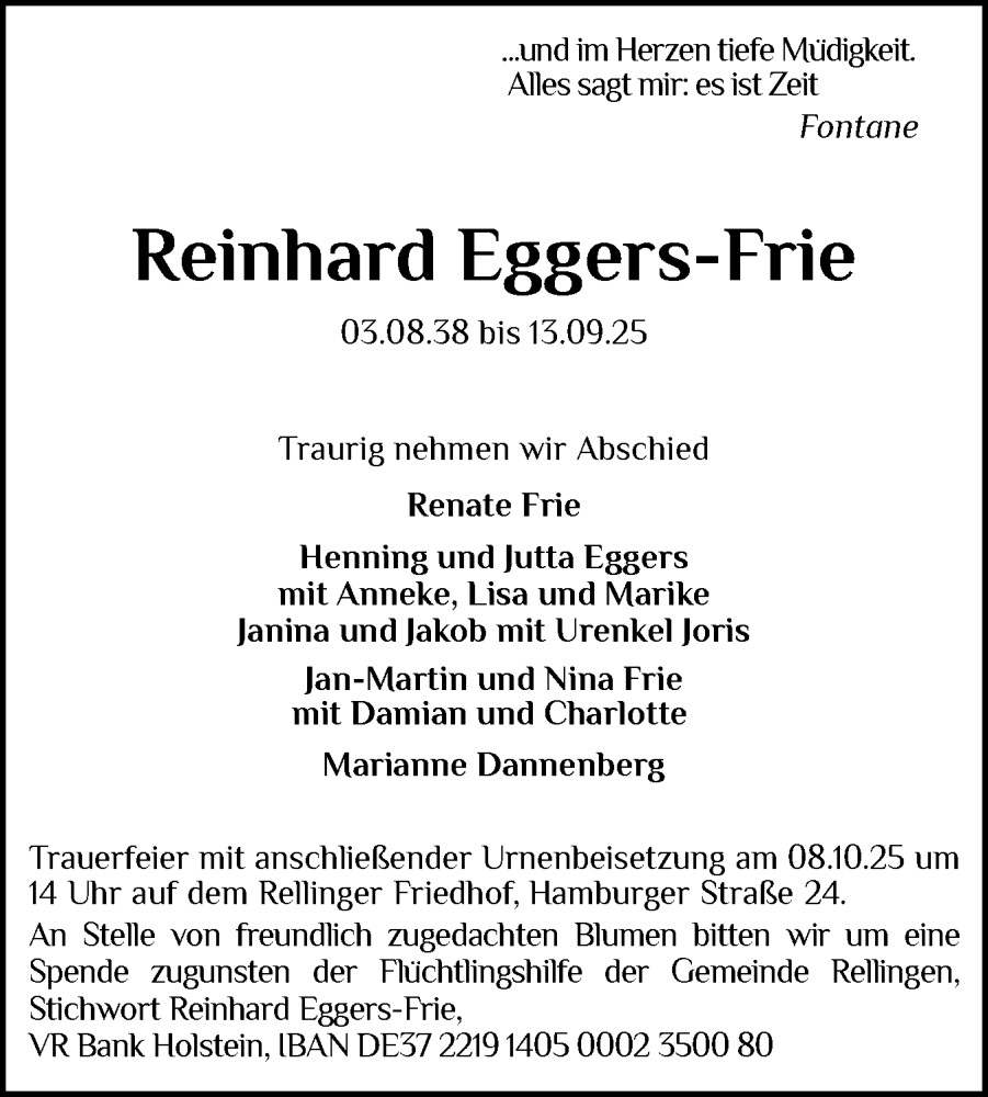  Traueranzeige für Reinhard Eggers-Frie vom 27.09.2025 aus Region Pinneberg und tip Pinneberg