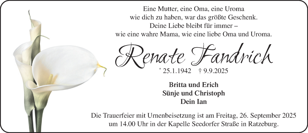  Traueranzeige für Renate Fandrich vom 20.09.2025 aus MARKT Ratzeburg/Mölln