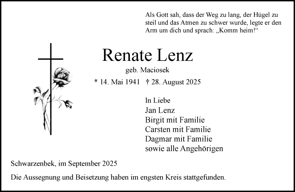  Traueranzeige für Renate Lenz vom 06.09.2025 aus Wochenend Anzeiger