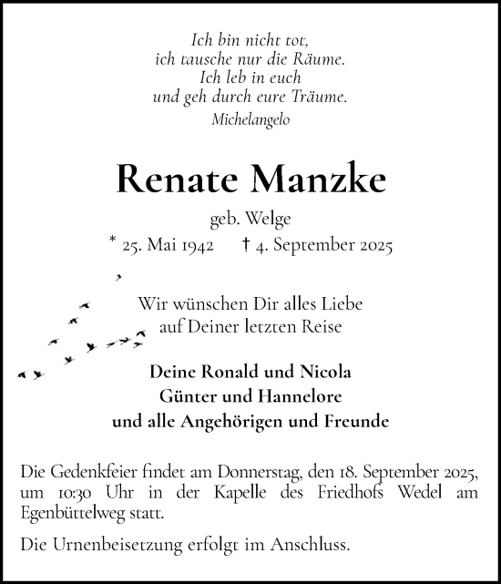 Traueranzeige von Renate Manzke von Wedel-Schulauer Tageblatt, tip Wedel-Schulauer Tageblatt, tip Rissener Rundschau
