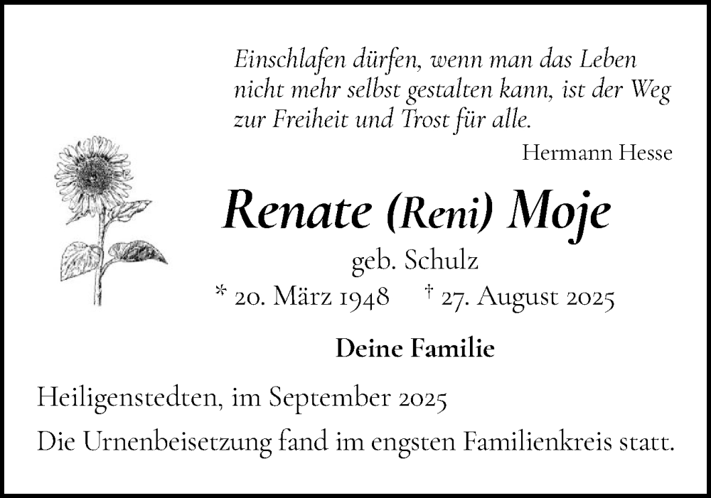  Traueranzeige für Renate Moje vom 20.09.2025 aus Norddeutsche Rundschau, Wilstersche Zeitung, Glückstädter Fortuna