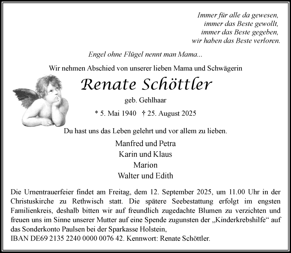  Traueranzeige für Renate Schöttler vom 06.09.2025 aus MARKT Bad Oldesloe/Reinfeld und Stormarner Tageblatt