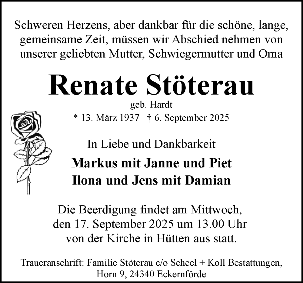  Traueranzeige für Renate Stöterau vom 13.09.2025 aus Eckernförder Zeitung, Hallo Eckernförde