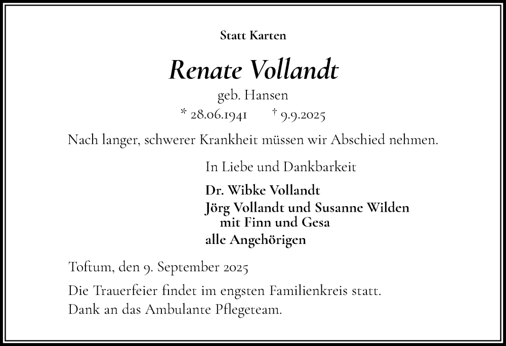  Traueranzeige für Renate Vollandt vom 12.09.2025 aus Der Insel-Bote
