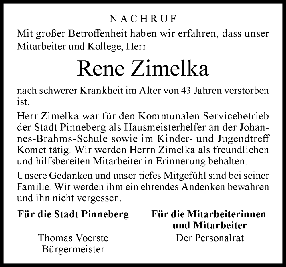  Traueranzeige für Rene Zimelka vom 06.09.2025 aus Region Pinneberg und tip Pinneberg