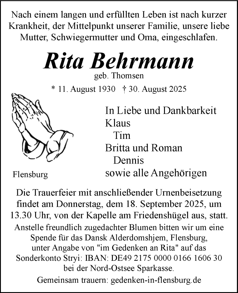  Traueranzeige für Rita Behrmann vom 13.09.2025 aus Flensburger Tageblatt