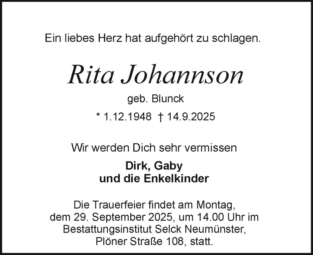  Traueranzeige für Rita Johannson vom 27.09.2025 aus Holsteinischer Courier