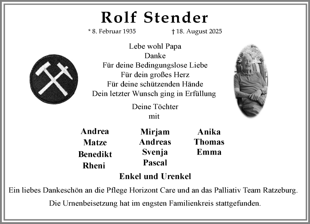  Traueranzeige für Rolf Stender vom 13.09.2025 aus MARKT Ratzeburg/Mölln