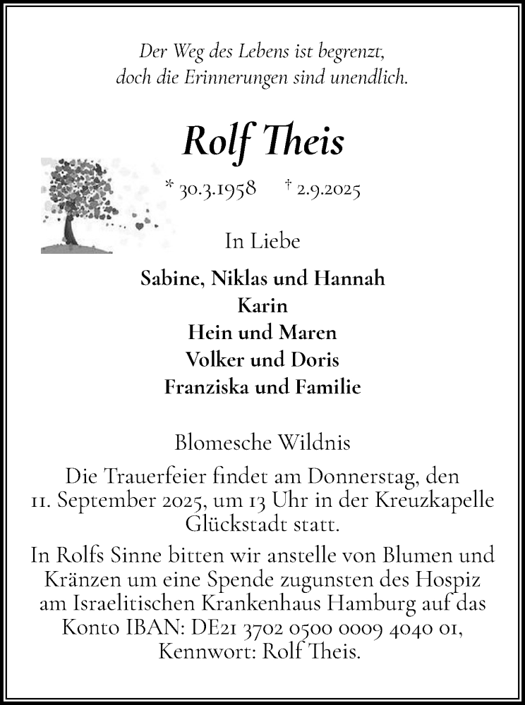  Traueranzeige für Rolf Theis vom 06.09.2025 aus Norddeutsche Rundschau, Wilstersche Zeitung, Glückstädter Fortuna