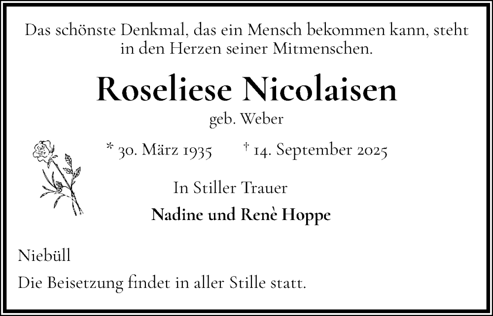  Traueranzeige für Roseliese Nicolaisen vom 19.09.2025 aus Husumer Nachrichten, Nordfriesland Tageblatt