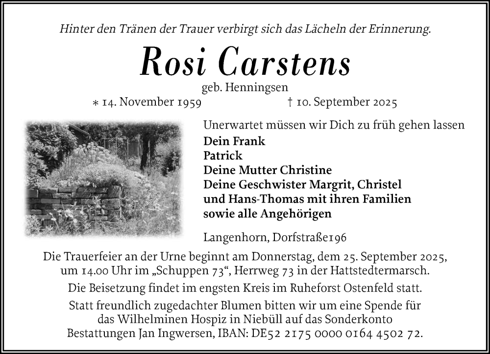  Traueranzeige für Rosi Carstens vom 17.09.2025 aus Husumer Nachrichten, Nordfriesland Tageblatt