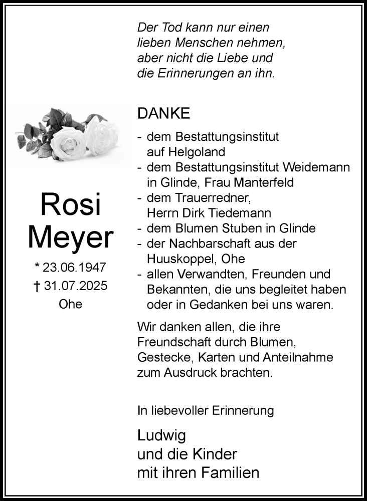  Traueranzeige für Rosi Meyer vom 06.09.2025 aus MARKT Glinde/Reinbek