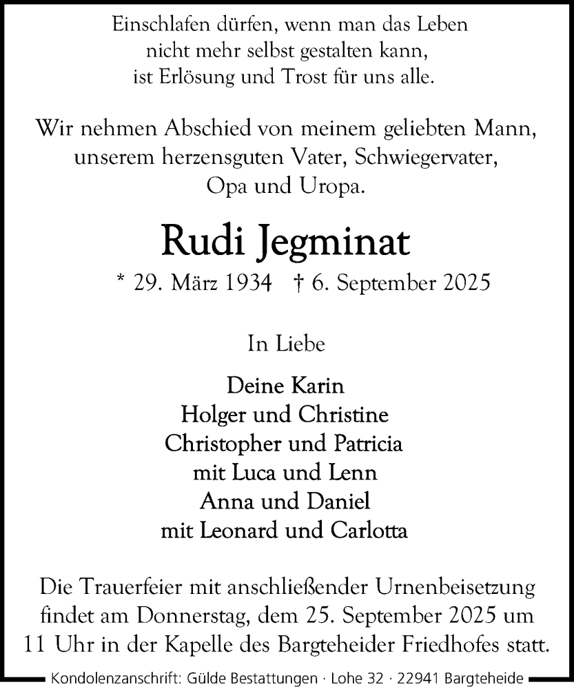  Traueranzeige für Rudi Jegminat vom 13.09.2025 aus MARKT Glinde/Reinbek