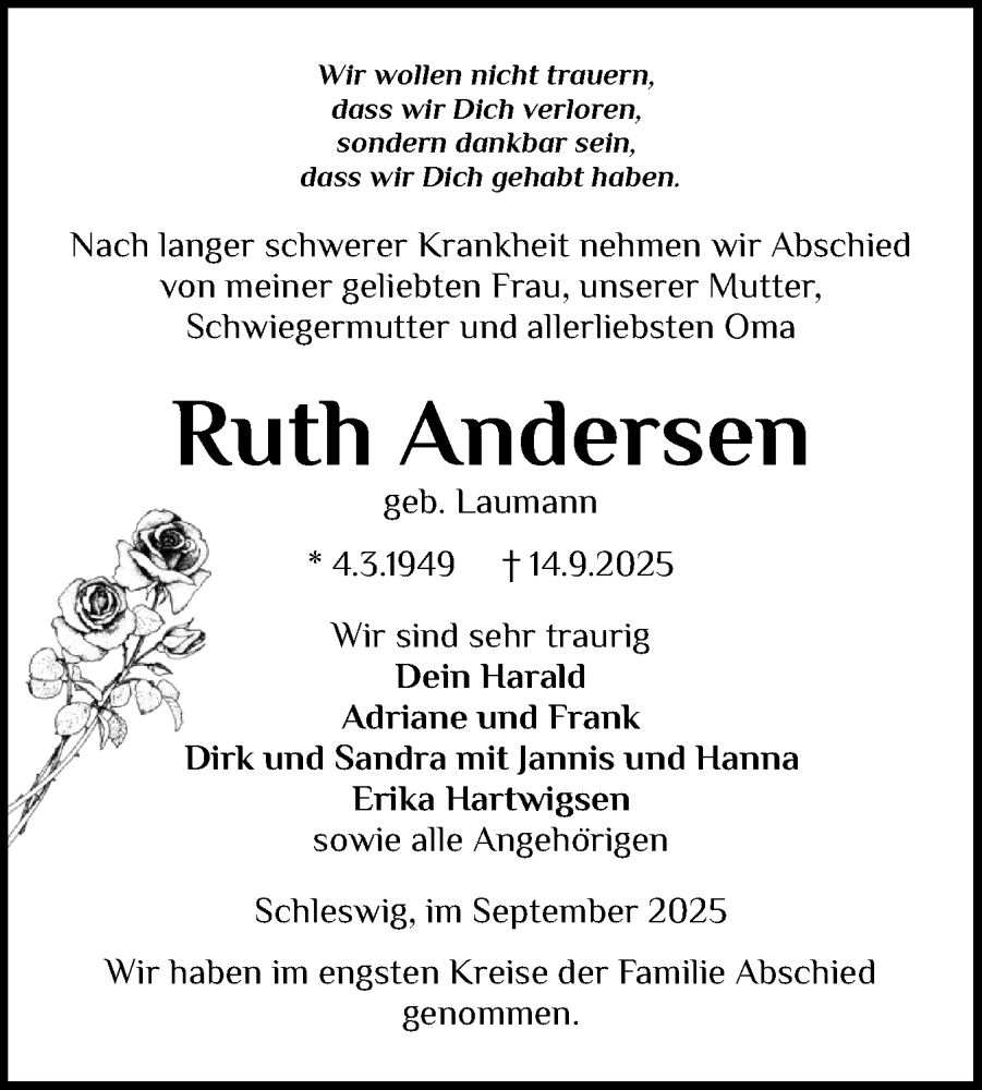 Traueranzeige für Ruth Andersen vom 20.09.2025 aus Schleswiger Nachrichten, Schlei-Bote
