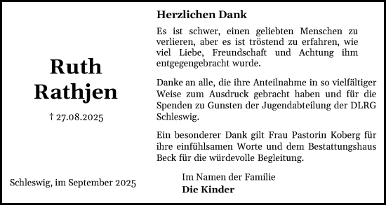 Traueranzeige von Ruth Rathjen von Schleswiger Nachrichten, Schlei-Bote
