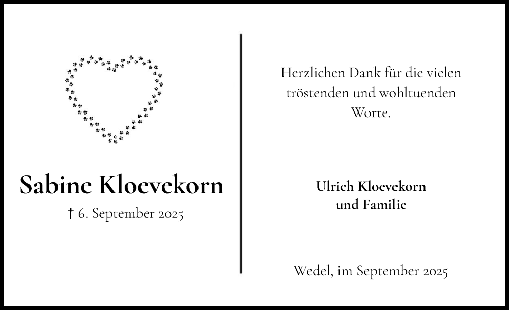  Traueranzeige für Sabine Kloevekorn vom 27.09.2025 aus Wedel-Schulauer Tageblatt, tip Wedel-Schulauer Tageblatt, tip Rissener Rundschau