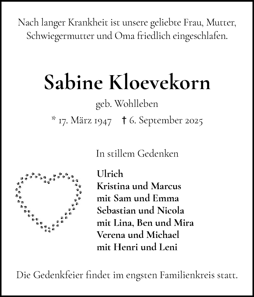  Traueranzeige für Sabine Kloevekorn vom 13.09.2025 aus Wedel-Schulauer Tageblatt, tip Wedel-Schulauer Tageblatt, tip Rissener Rundschau