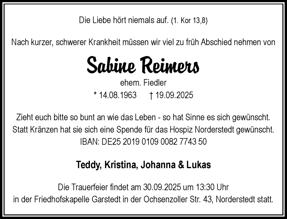  Traueranzeige für Sabine Reimers vom 27.09.2025 aus Heimatspiegel