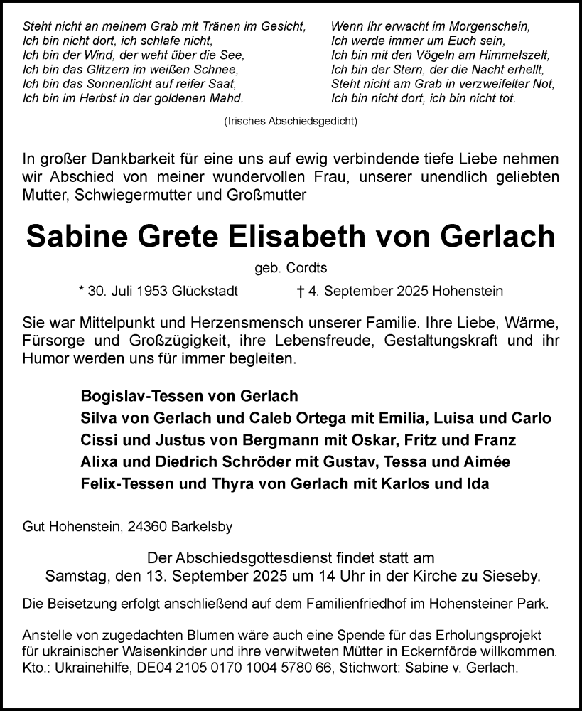  Traueranzeige für Sabine Grete Elisabeth von Gerlach vom 06.09.2025 aus Eckernförder Zeitung, Hallo Eckernförde