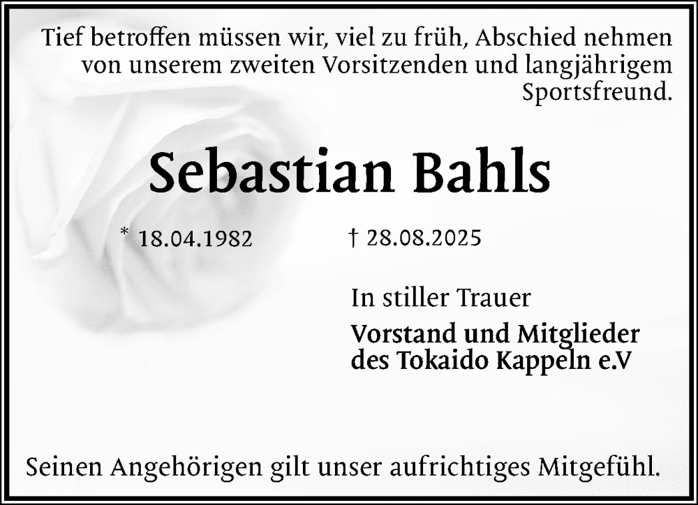  Traueranzeige für Sebastian Bahls vom 17.09.2025 aus Schleswiger Nachrichten, Schlei-Bote