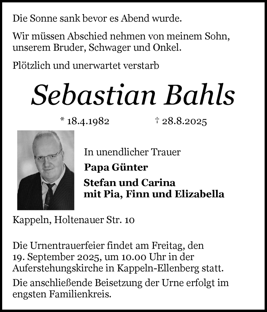  Traueranzeige für Sebastian Bahls vom 13.09.2025 aus Schleswiger Nachrichten, Schlei-Bote