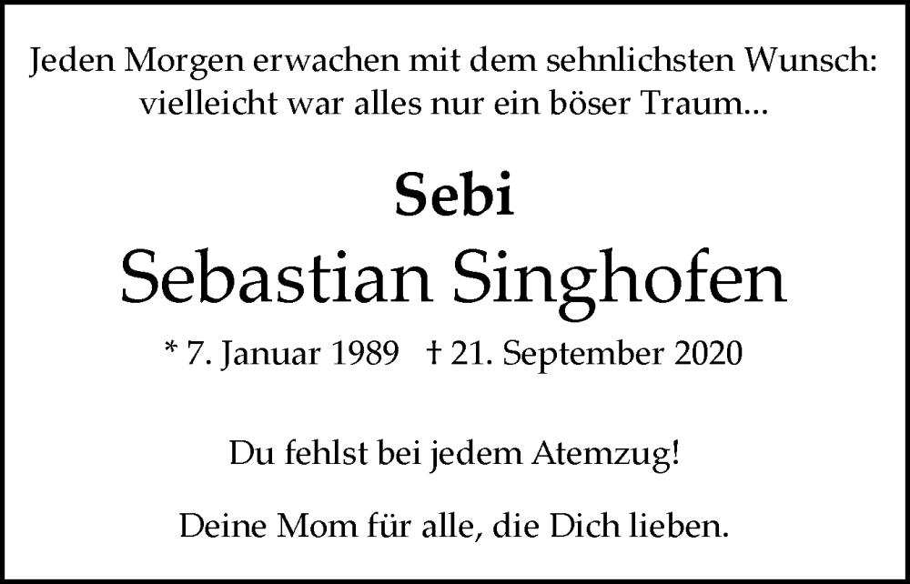  Traueranzeige für Sebastian Singhofen vom 20.09.2025 aus Flensburger Tageblatt, Schleswiger Nachrichten, Schlei-Bote