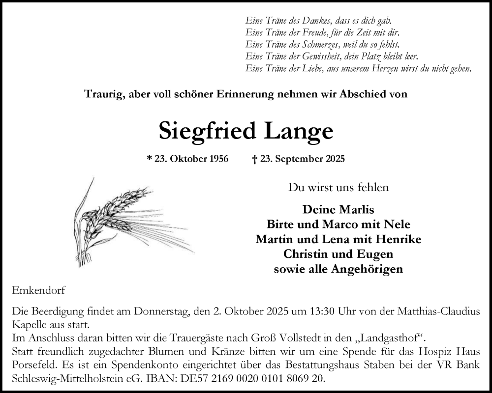 Traueranzeige für Siegfried Lange vom 27.09.2025 aus Schleswig-Holsteinische Landeszeitung