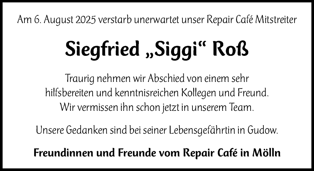  Traueranzeige für Siegfried Roß vom 06.09.2025 aus MARKT Ratzeburg/Mölln