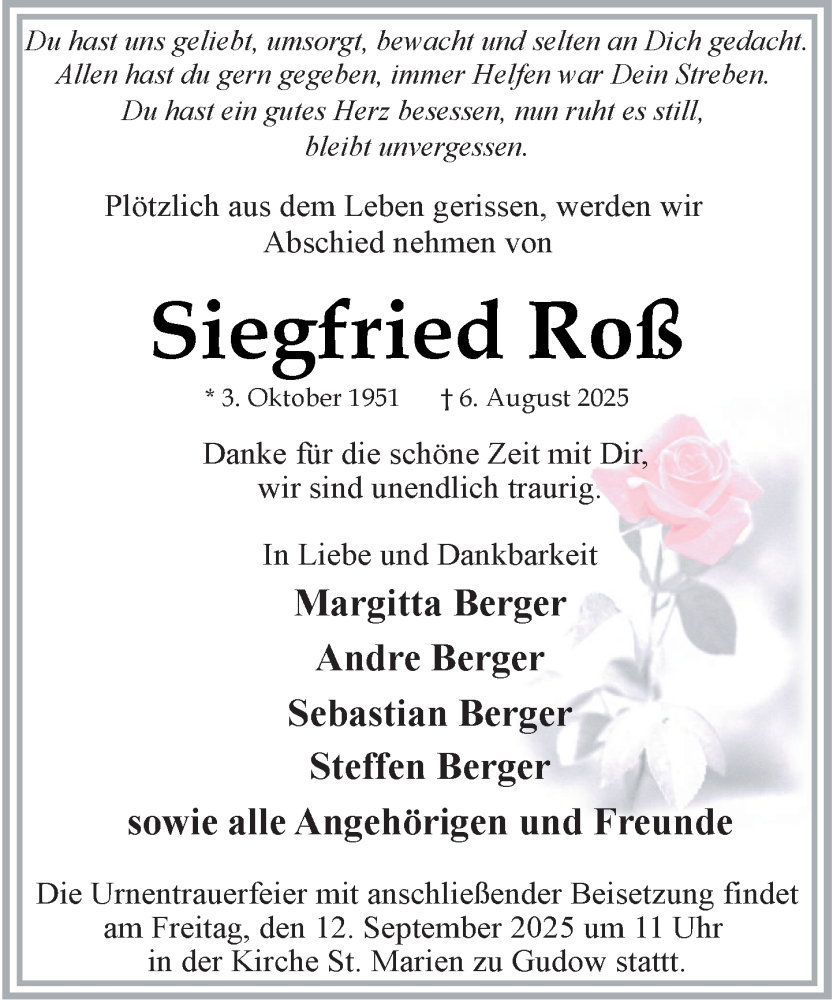  Traueranzeige für Siegfried Roß vom 06.09.2025 aus MARKT Ratzeburg/Mölln