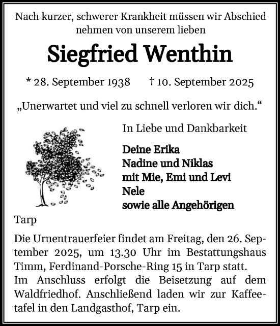 Traueranzeige von Siegfried Wenthin von Flensburger Tageblatt