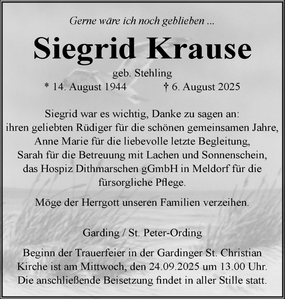  Traueranzeige für Siegrid Krause vom 13.09.2025 aus Husumer Nachrichten, Nordfriesland Tageblatt