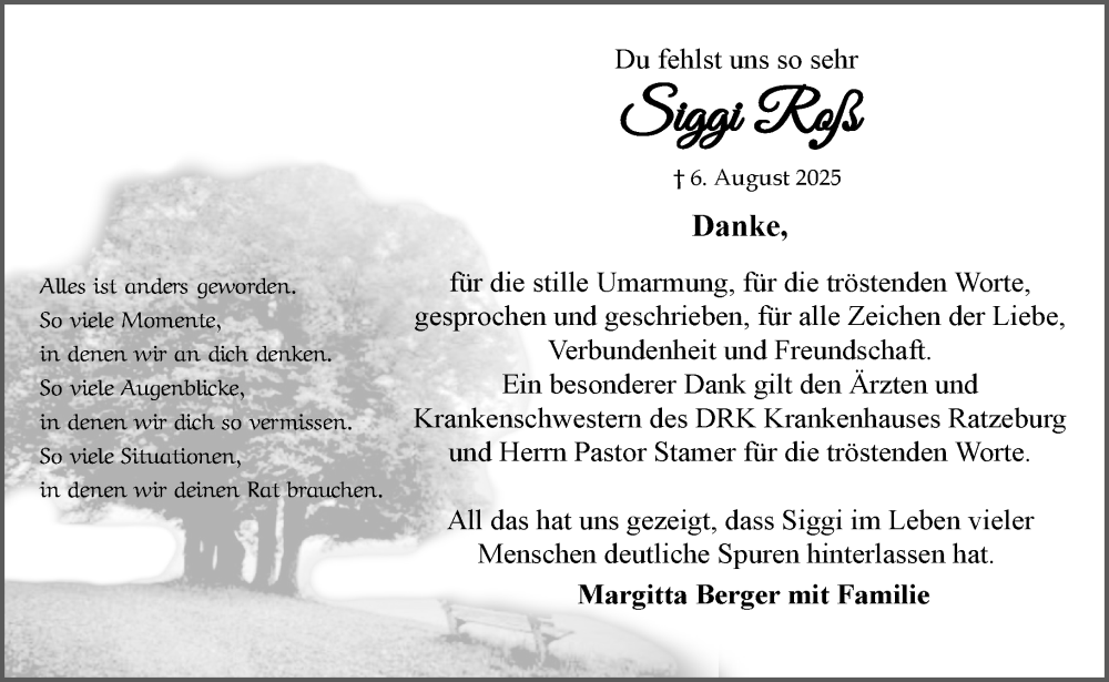 Traueranzeige für Siggi Roß vom 20.09.2025 aus MARKT Ratzeburg/Mölln